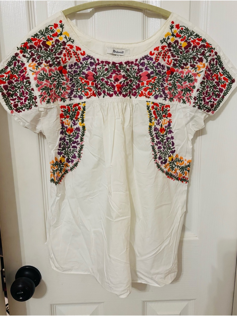 Madewell Cream Embroidered Floral Boho Tunic with Multicolor Stitching